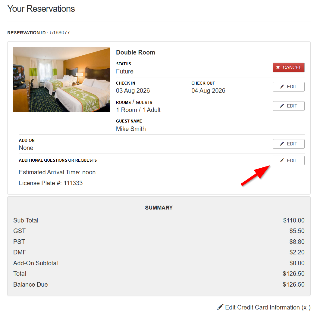 Guest dashboard Additional Questions or Requests section with Edit button